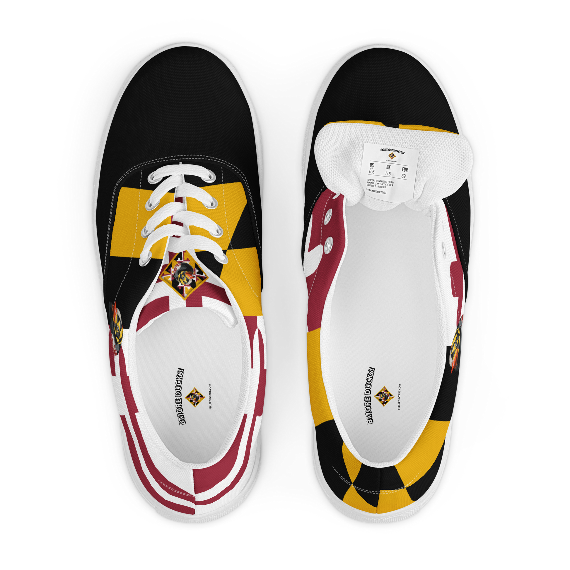 overhead view of women's lace up canvas shoes with Maryland flag pattern, BMORE DUCKS! logo, white soles, and black toes