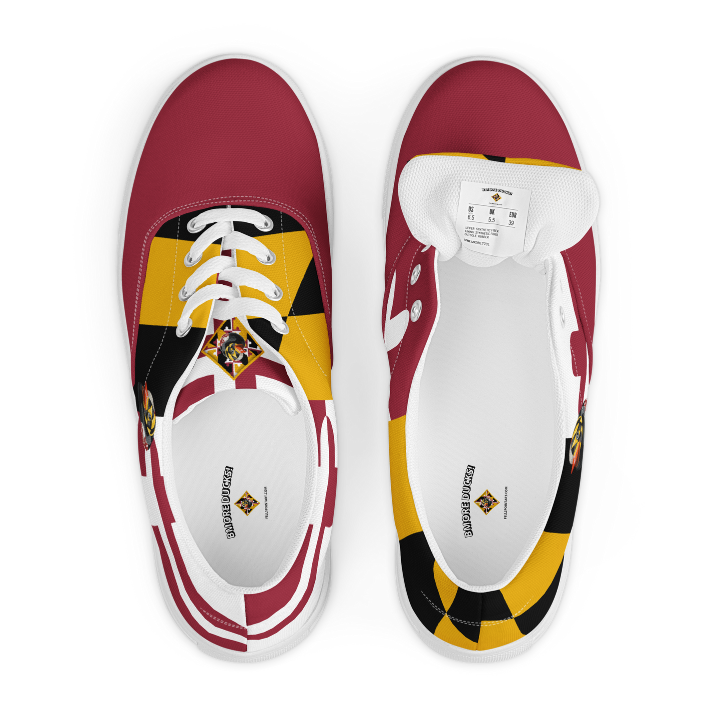 overhead view of women's lace up canvas shoes with Maryland flag pattern, BMORE DUCKS! logo, white soles, and red toes