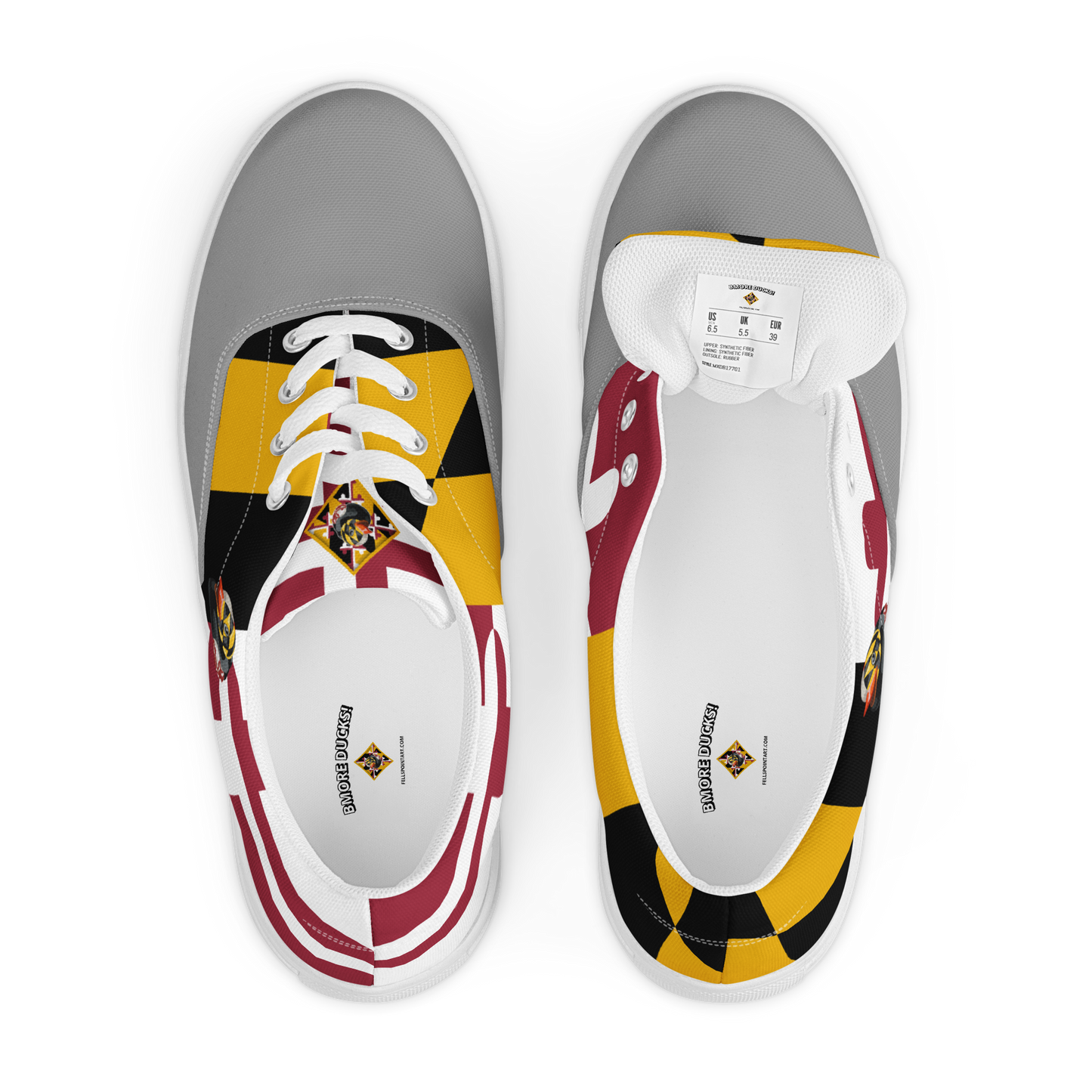 overhead view of women's lace up canvas shoes with Maryland flag pattern, BMORE DUCKS! logo, white soles, and gray toes