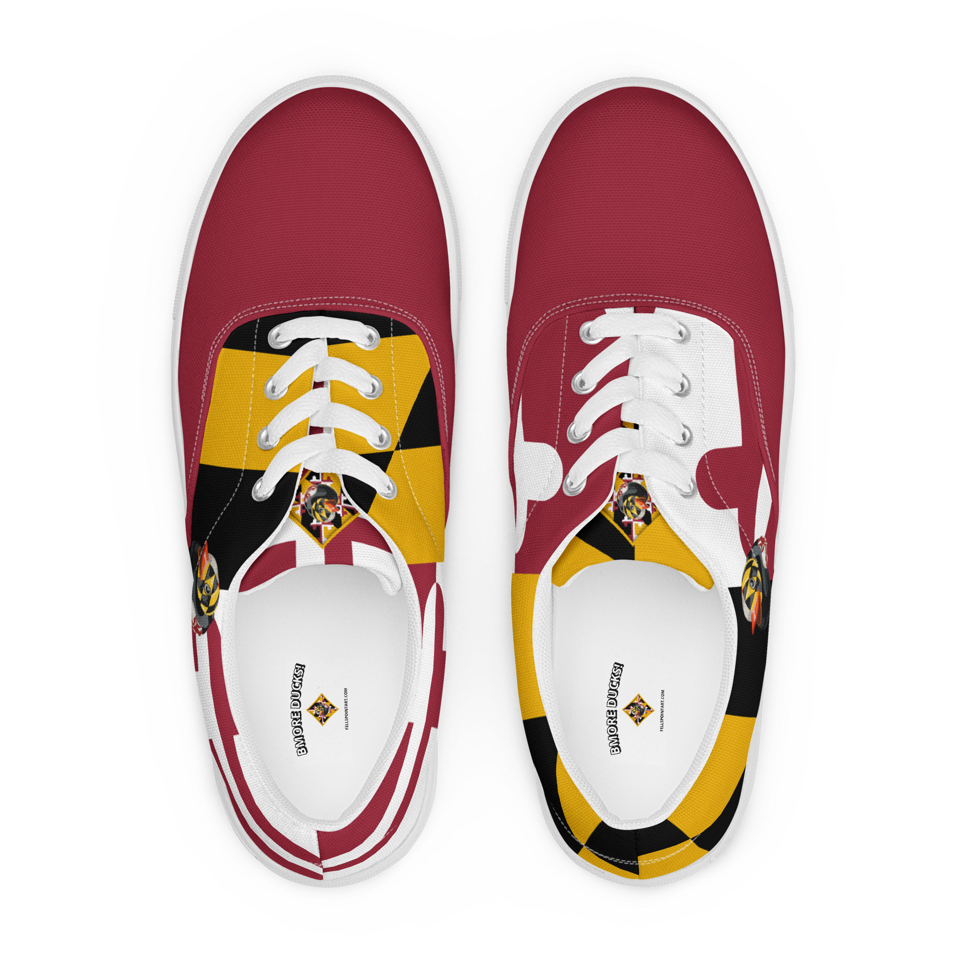 overhead view of women's lace up canvas shoes with Maryland flag pattern, BMORE DUCKS! logo, white soles, and red toes