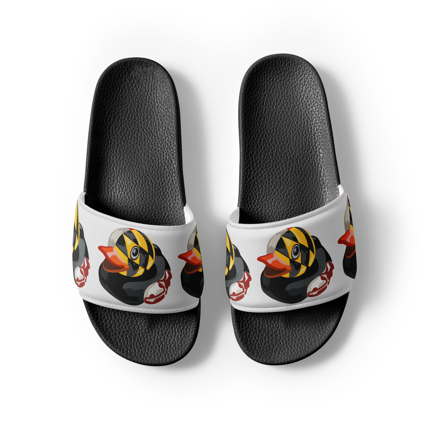 Overhead view of black women's slides with Maryland BMORE DUCKS! logo