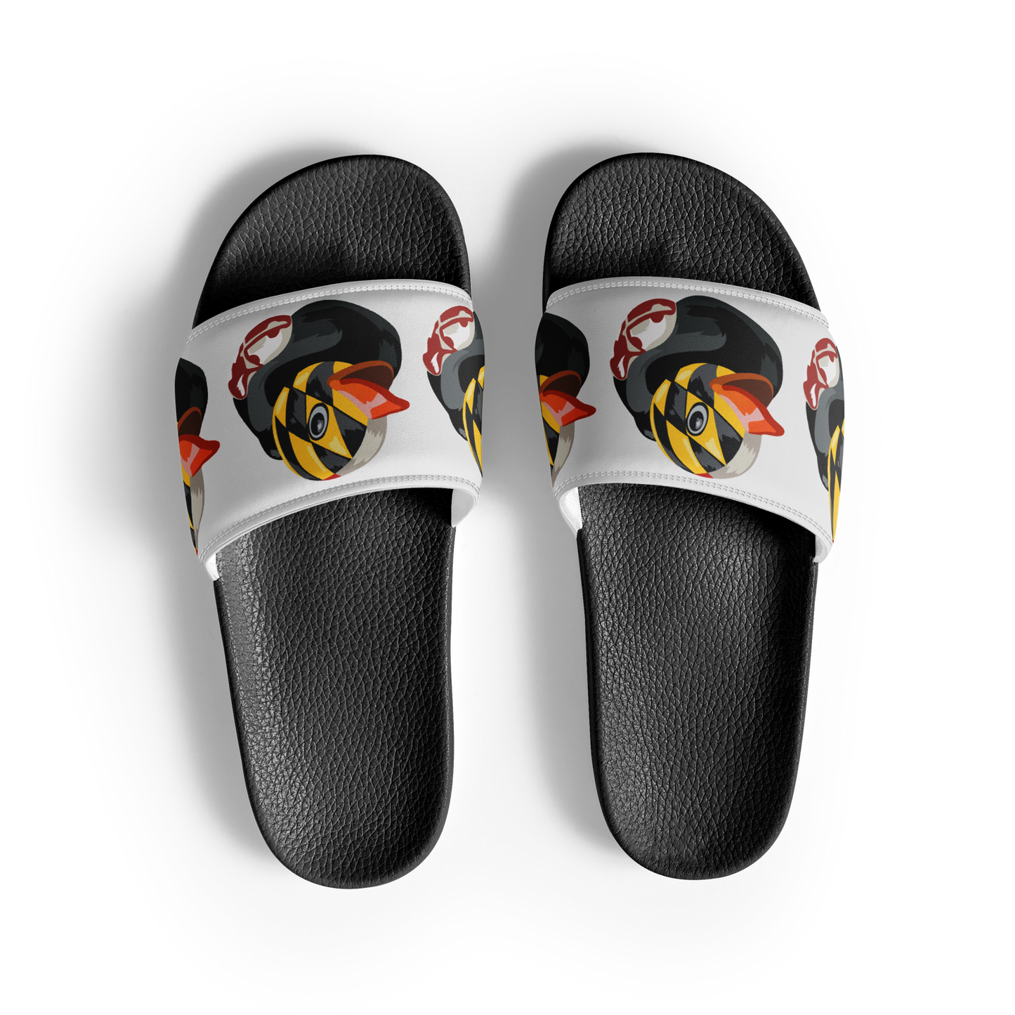 Overhead view of black women's slides with Maryland BMORE DUCKS! logo