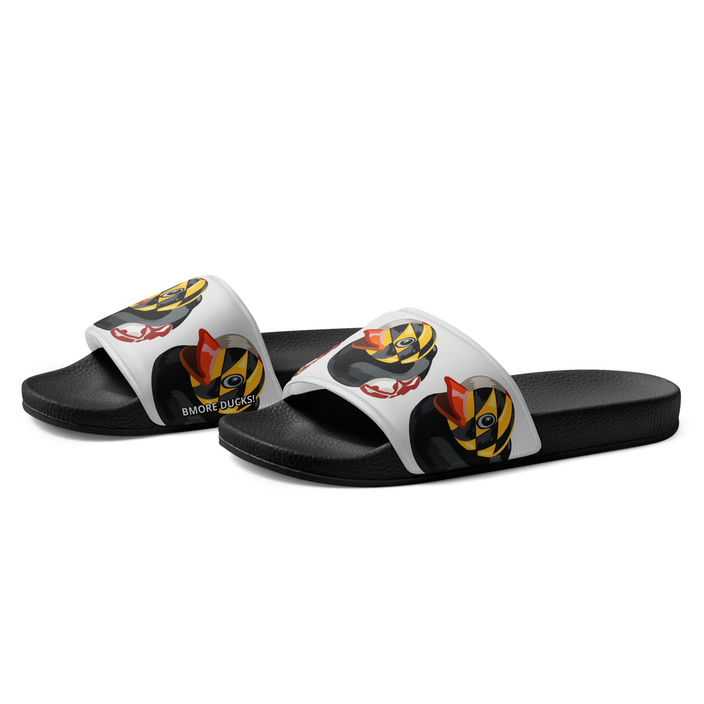 side view of black women's slides with Maryland BMORE DUCKS! logo