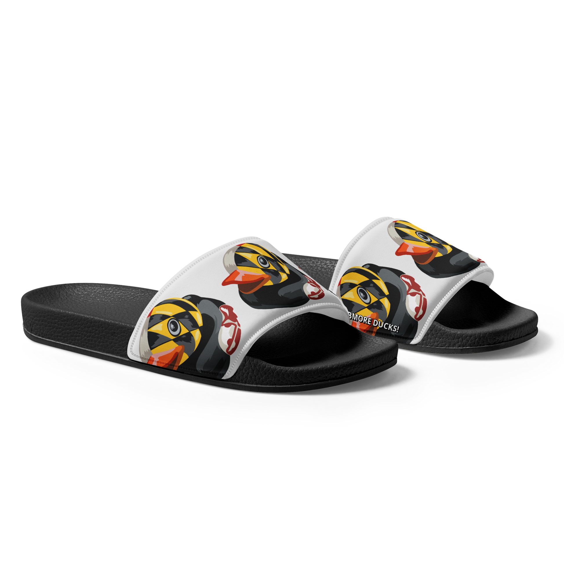 side view of black women's slides with Maryland BMORE DUCKS! logo