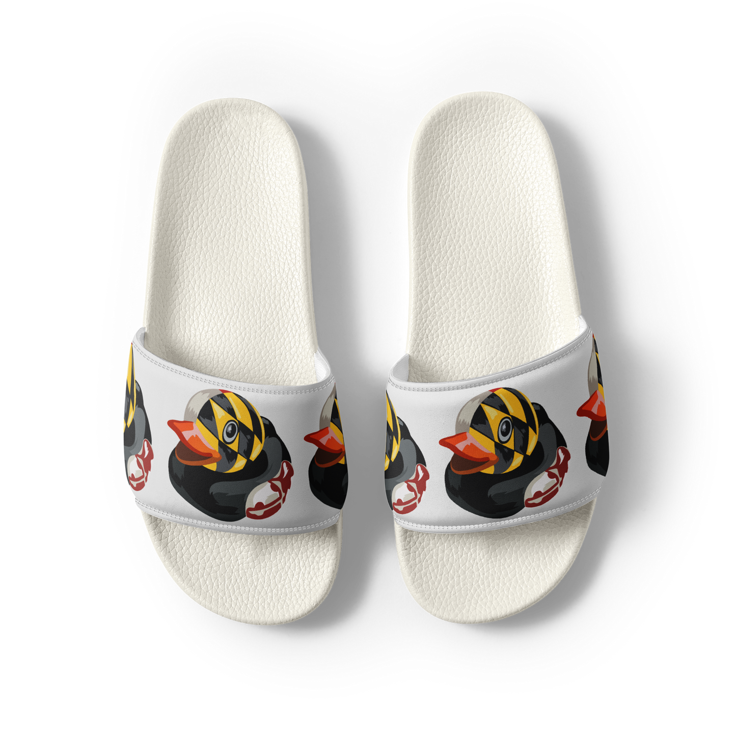 Overhead view of white women's slides with Maryland BMORE DUCKS! logo