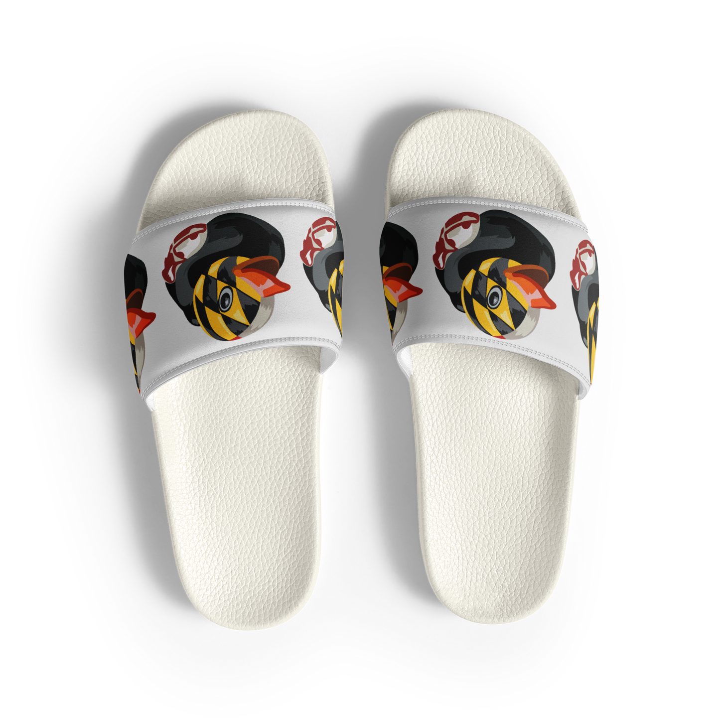 Overhead view of white women's slides with Maryland BMORE DUCKS! logo