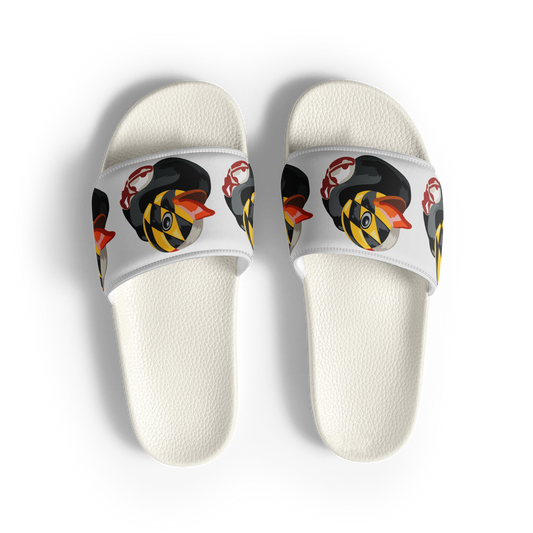 Overhead view of white women's slides with Maryland BMORE DUCKS! logo