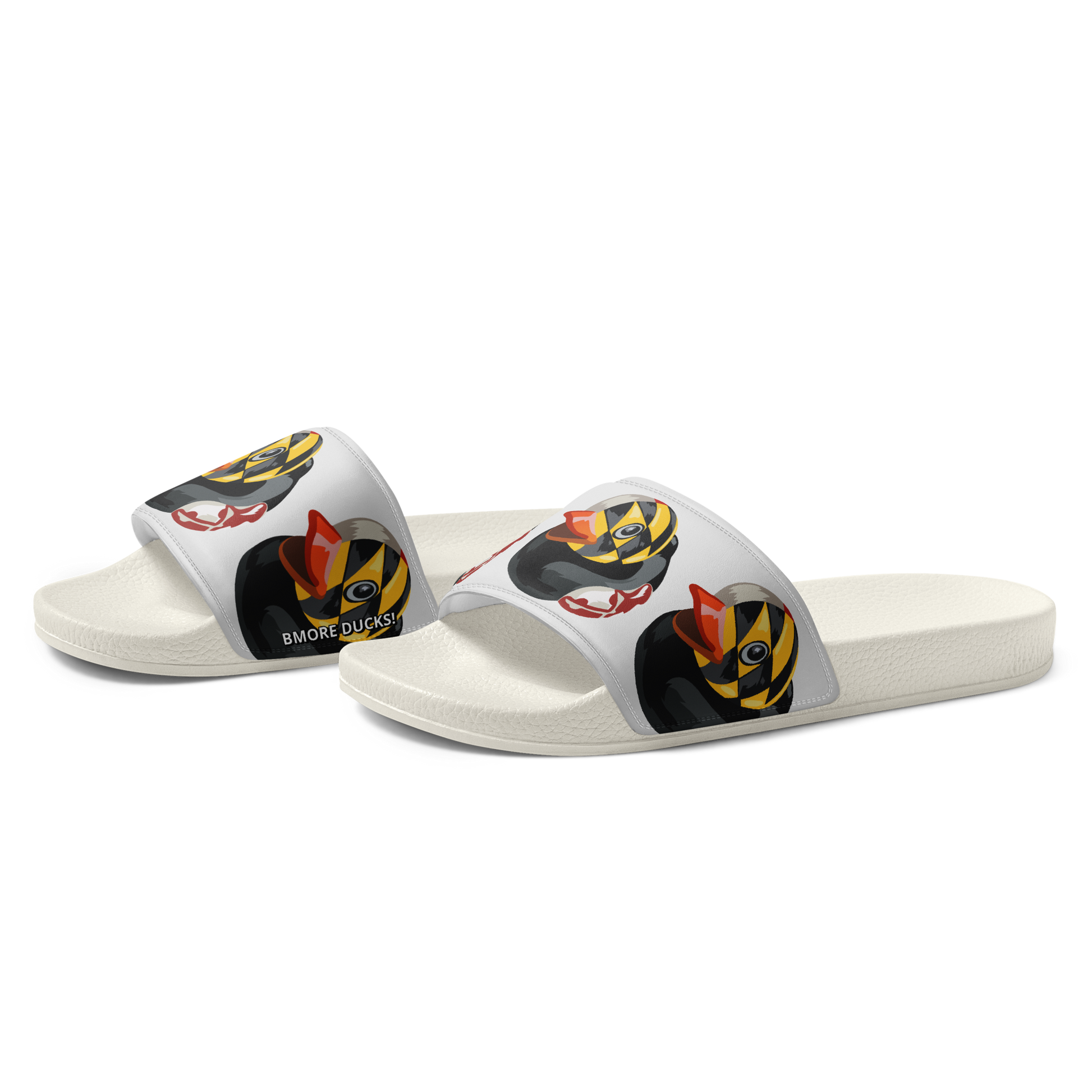 side view of white women's slides with Maryland BMORE DUCKS! logo