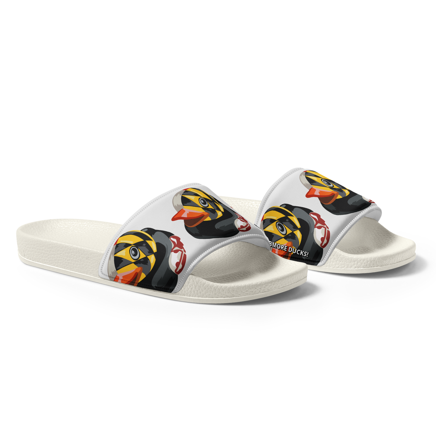 side view of white women's slides with Maryland BMORE DUCKS! logo