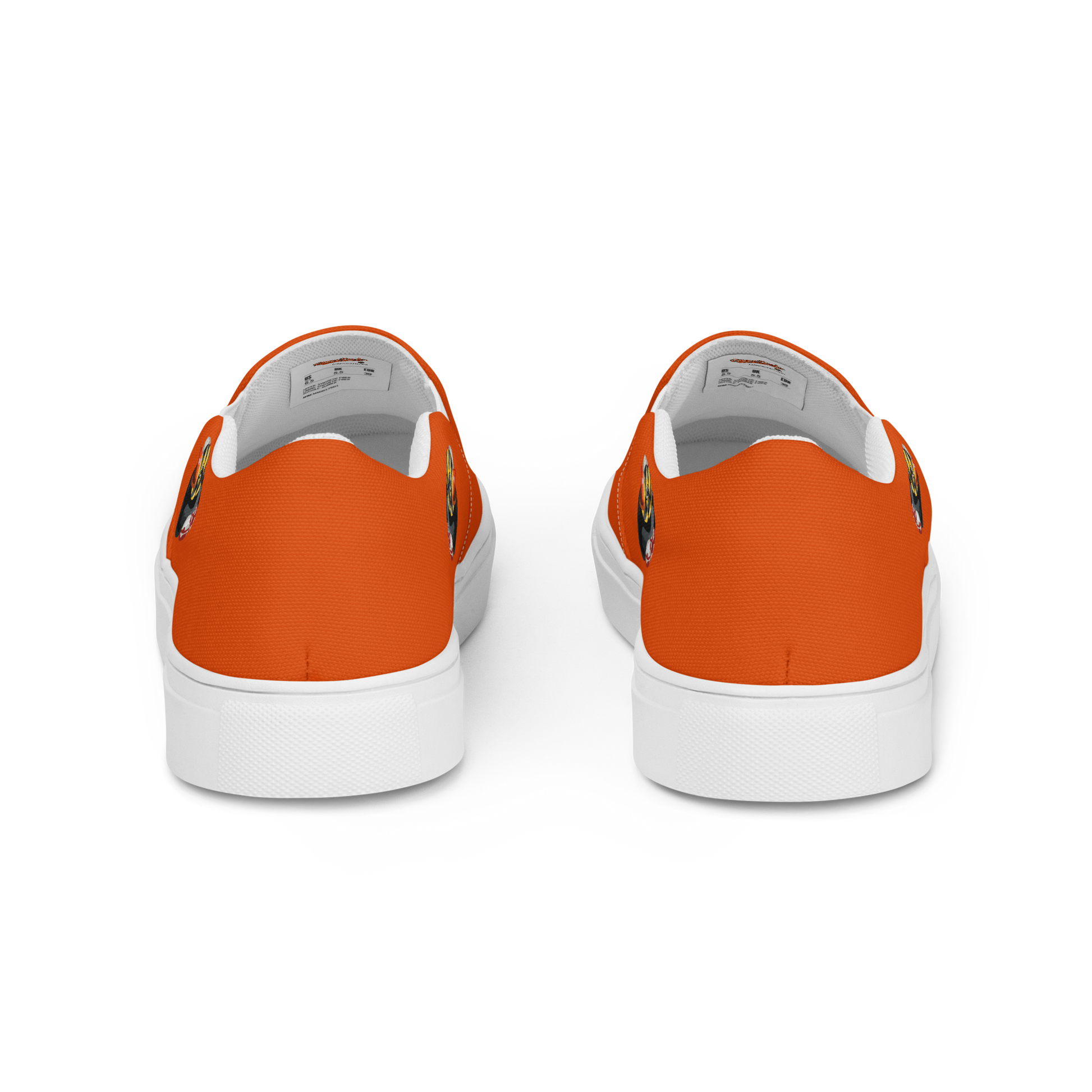 Rear view of orange BMORE DUCKS! Womens canvas slip on shoes