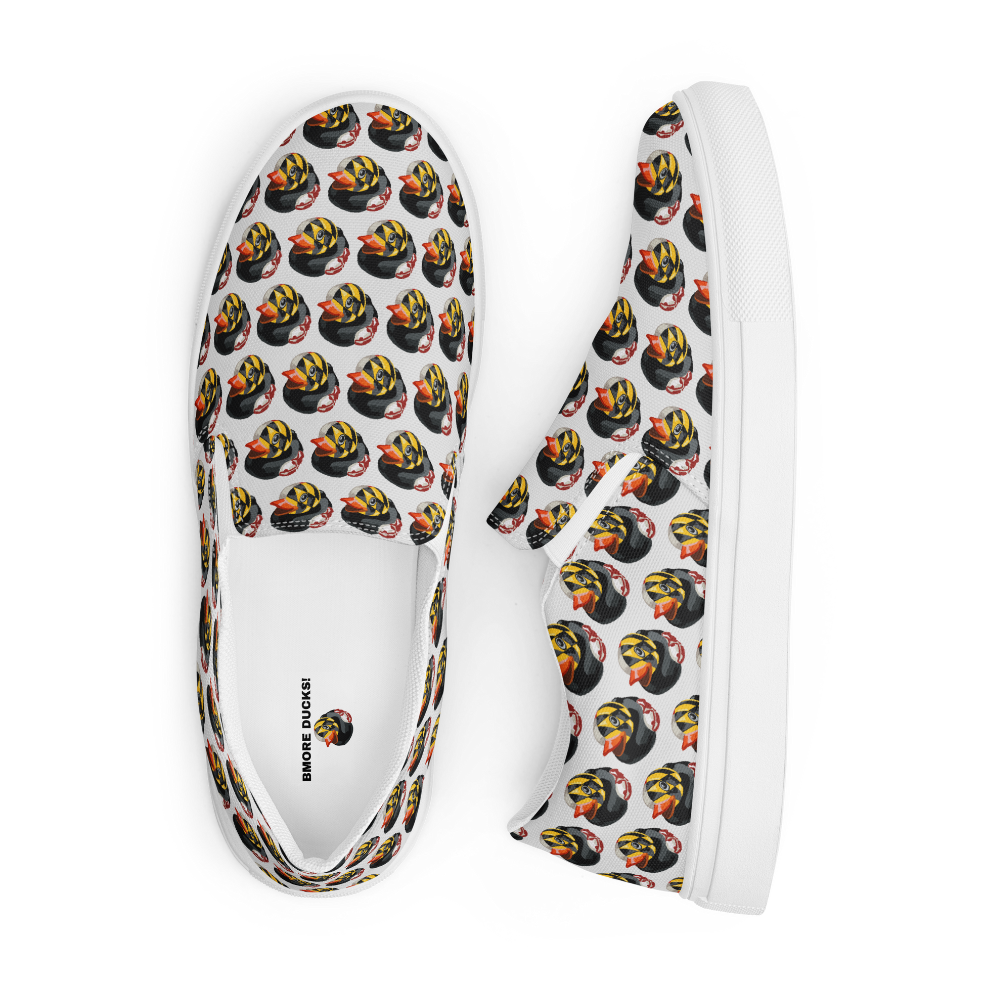 front view left and side view of right Maryland BMORE DUCKS womens canvas slip on white sole shoes 