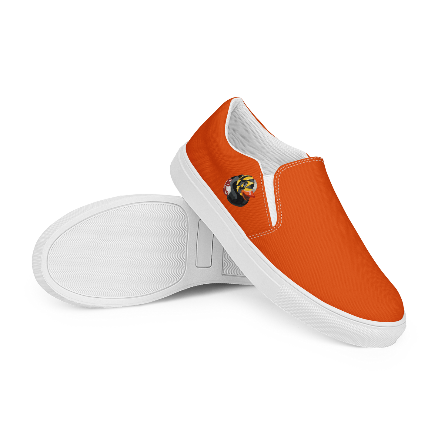 Front side view of orange BMORE DUCKS! Womens canvas slip on shoes