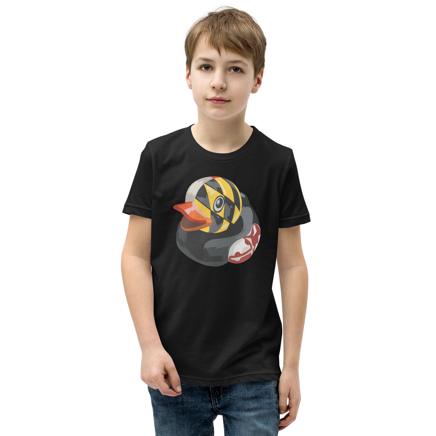 Youth wearing a black Maryland BMORE DUCKS! large logo t shirt