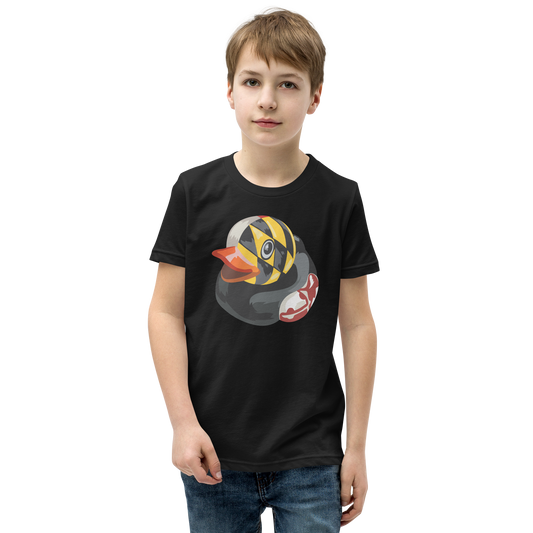 Youth wearing a black Maryland BMORE DUCKS! large logo t shirt