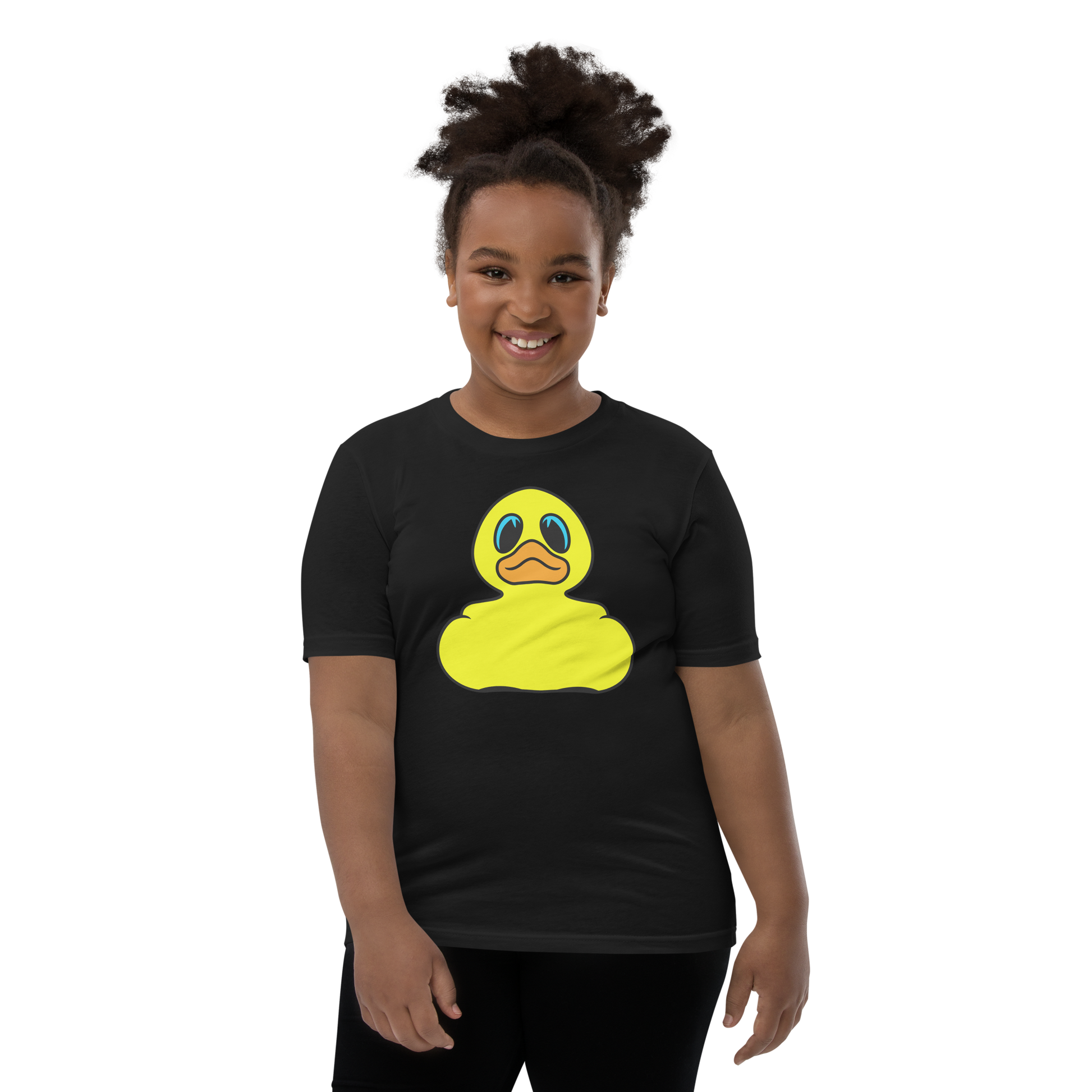 Girl wearing a black t shirt with Classic BMORE DUCKS! yellow rubber duck logo