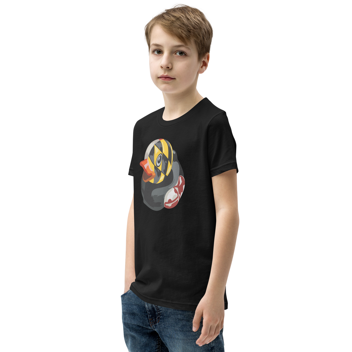 Youth wearing a black Maryland BMORE DUCKS! large logo t shirt