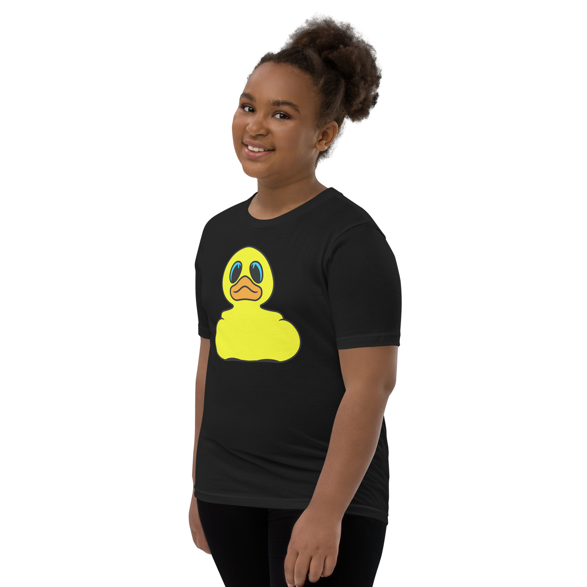 Girl wearing a black t shirt with Classic BMORE DUCKS! yellow rubber duck logo