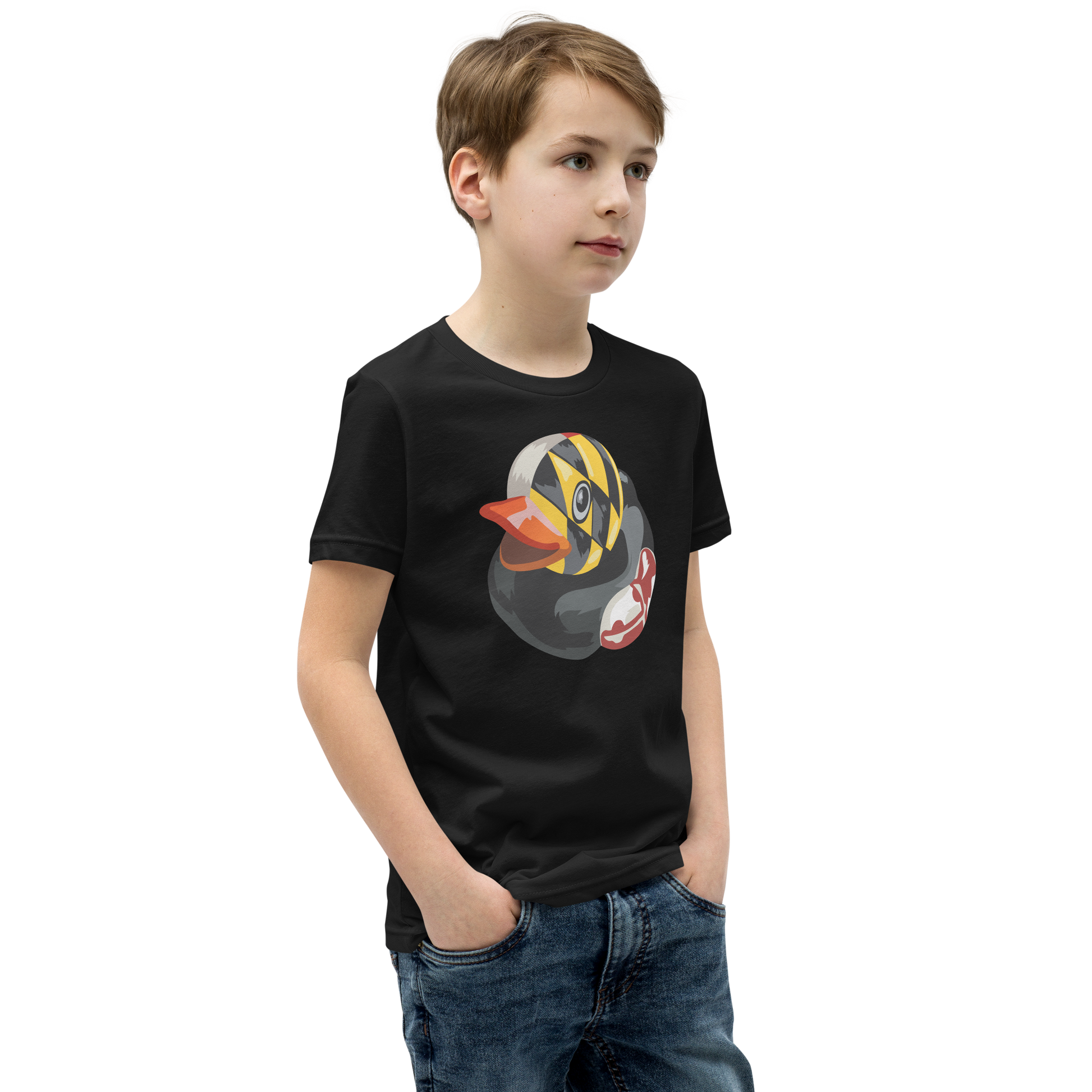 Youth wearing a black Maryland BMORE DUCKS! large logo t shirt