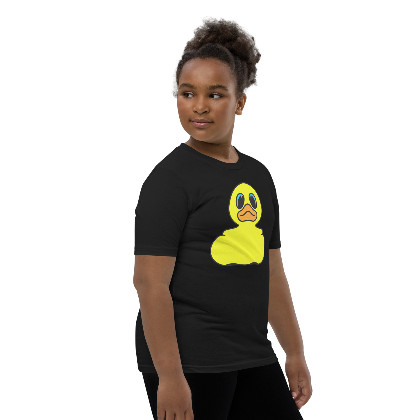 Girl wearing a black t shirt with Classic BMORE DUCKS! yellow rubber duck logo