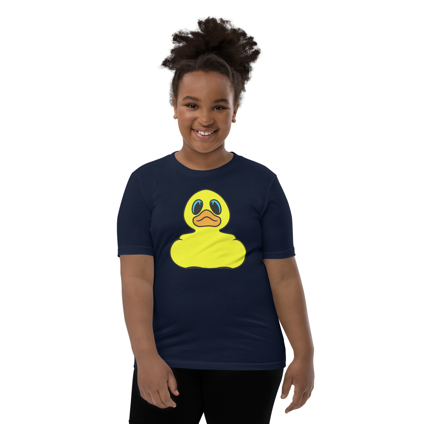 Girl wearing a navy t shirt with Classic BMORE DUCKS! yellow rubber duck logo