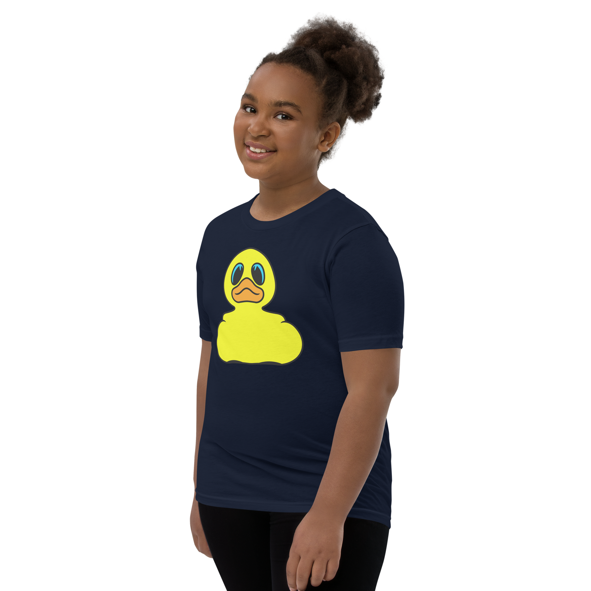 Girl wearing a navy t shirt with Classic BMORE DUCKS! yellow rubber duck logo