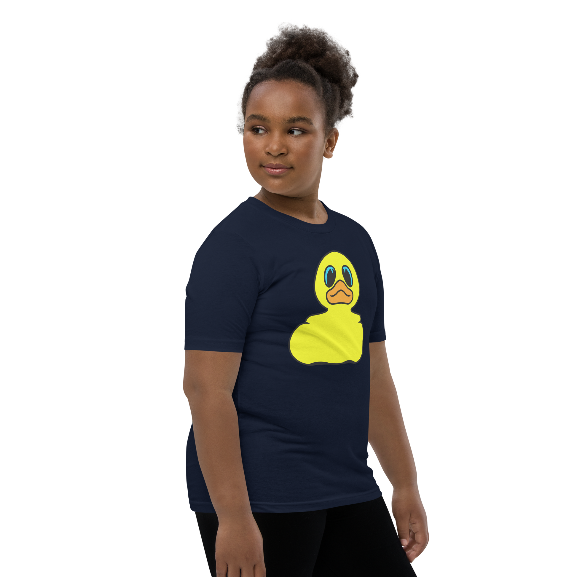 Girl wearing a navy t shirt with Classic BMORE DUCKS! yellow rubber duck logo