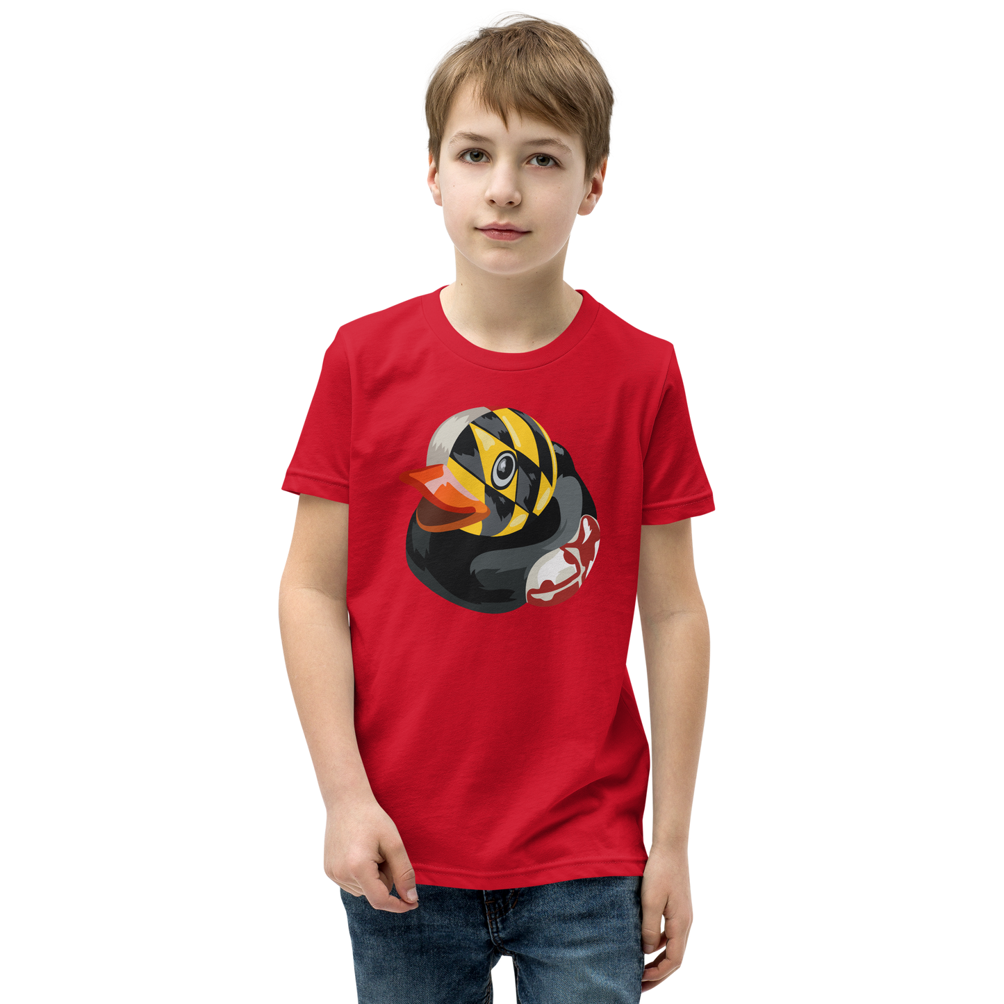 Youth wearing a red Maryland BMORE DUCKS! large logo t shirt