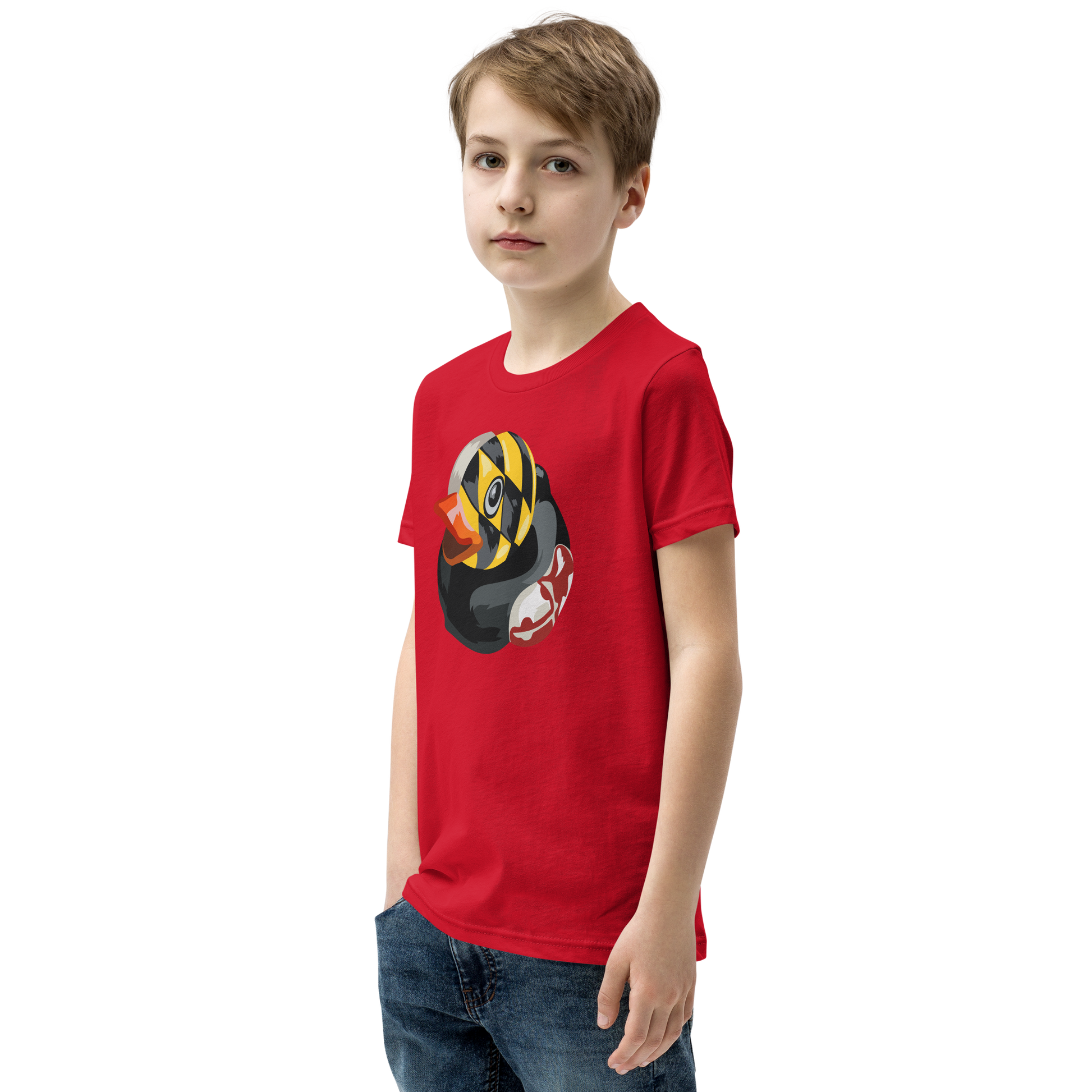 Youth wearing a red Maryland BMORE DUCKS! large logo t shirt