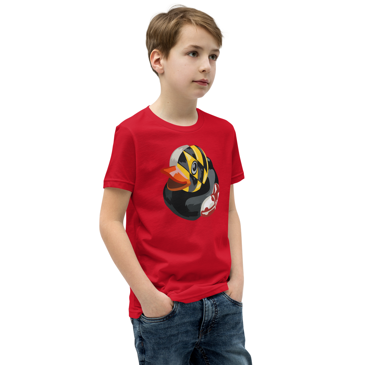 Youth wearing a red Maryland BMORE DUCKS! large logo t shirt