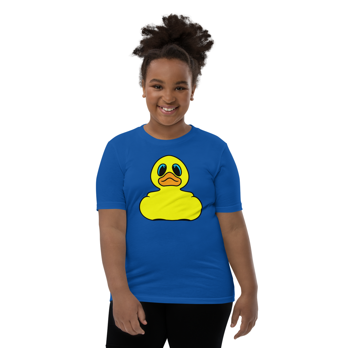 Girl wearing a royal blue t shirt with Classic BMORE DUCKS! yellow rubber duck logo