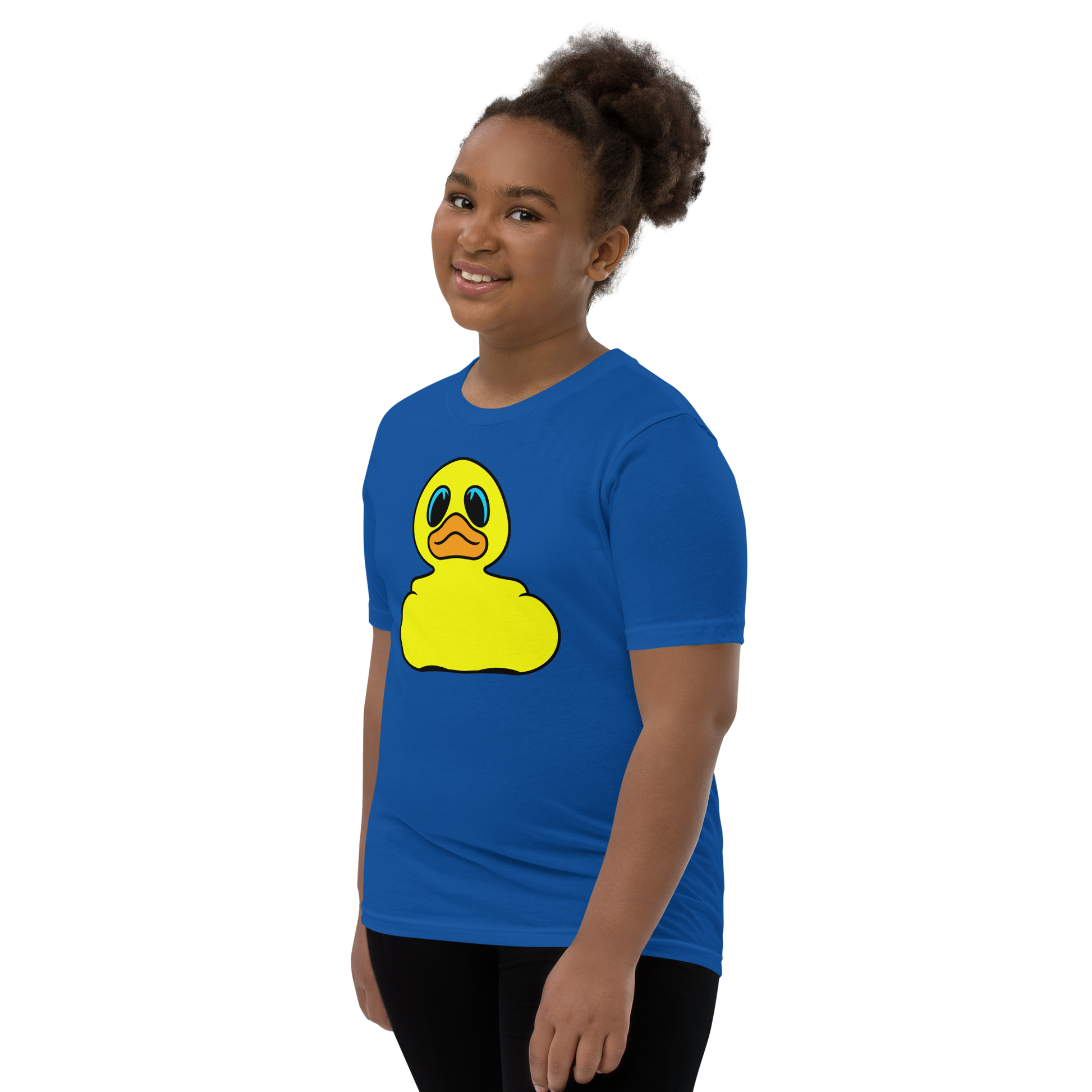 Girl wearing a royal blue t shirt with Classic BMORE DUCKS! yellow rubber duck logo