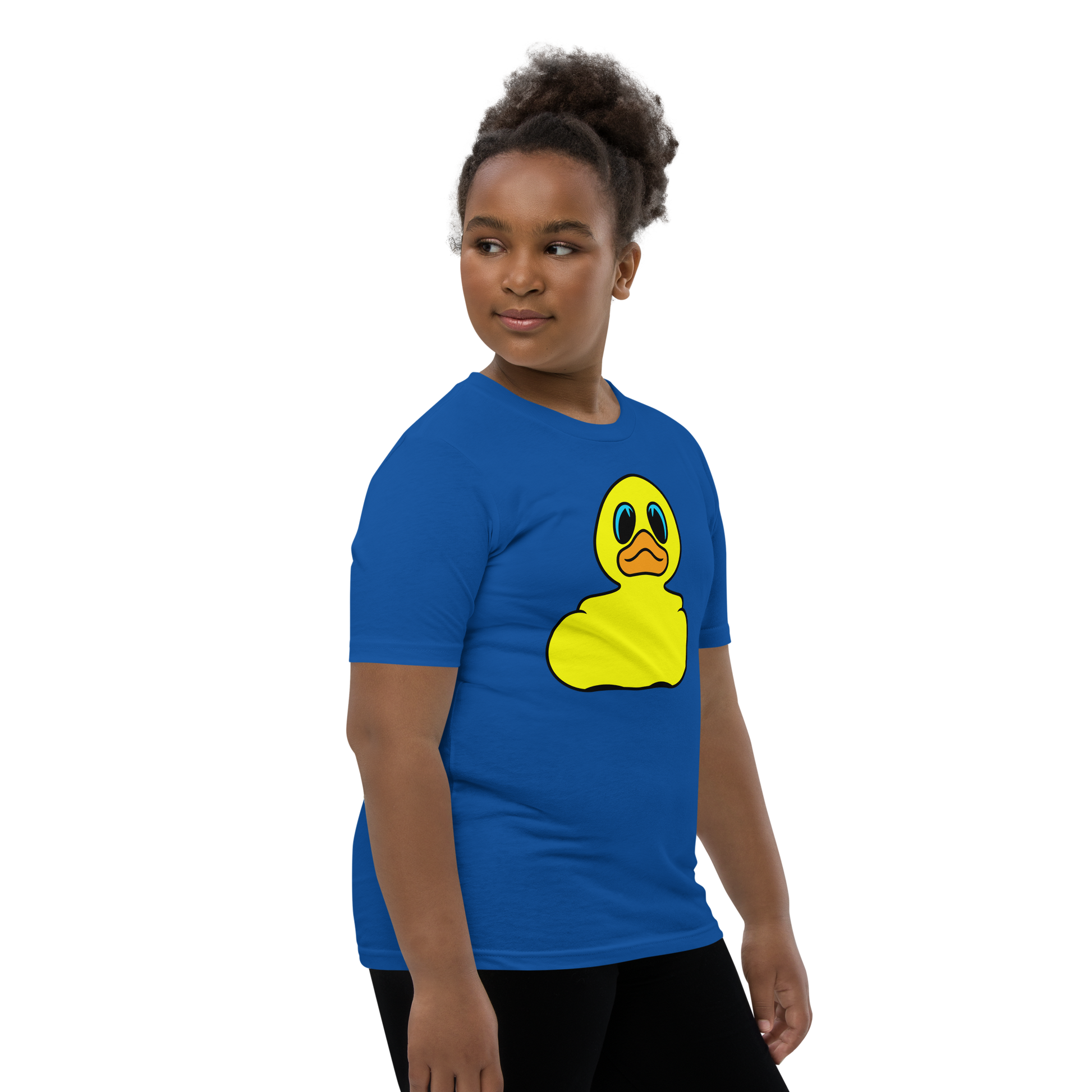 Girl wearing a royal blue t shirt with Classic BMORE DUCKS! yellow rubber duck logo