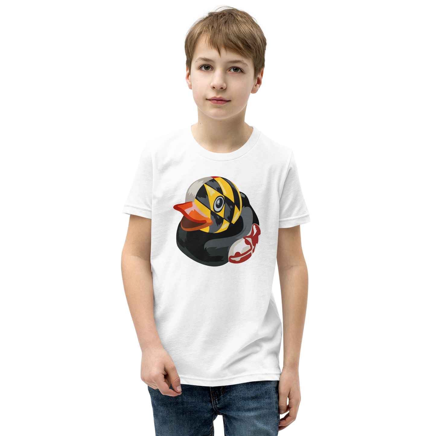 Youth wearing a white Maryland BMORE DUCKS! large logo t shirt