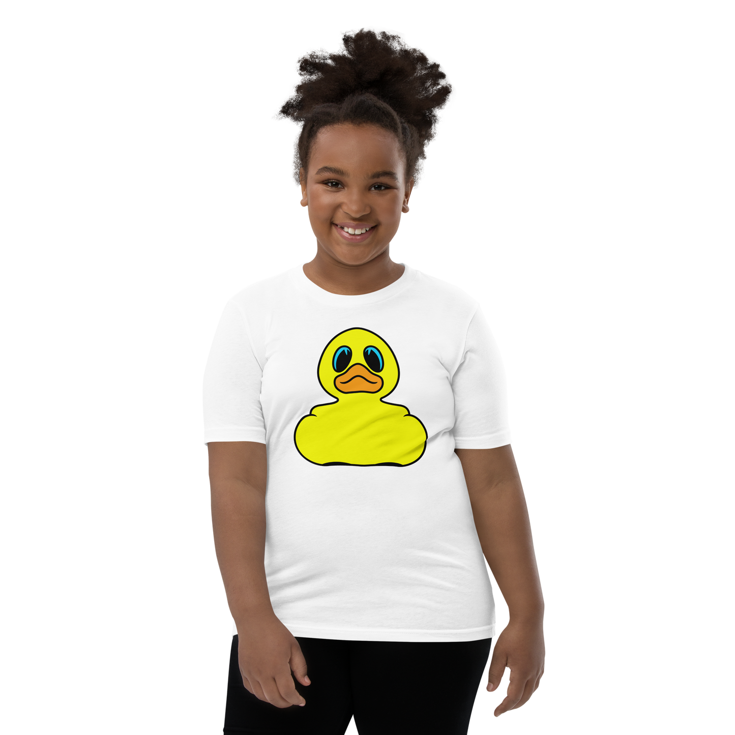 Girl wearing a white t shirt with Classic BMORE DUCKS! yellow rubber duck logo