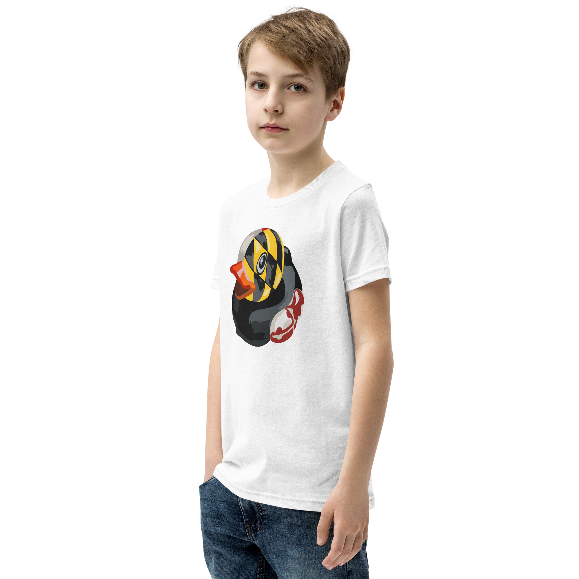 Youth wearing a white Maryland BMORE DUCKS! large logo t shirt