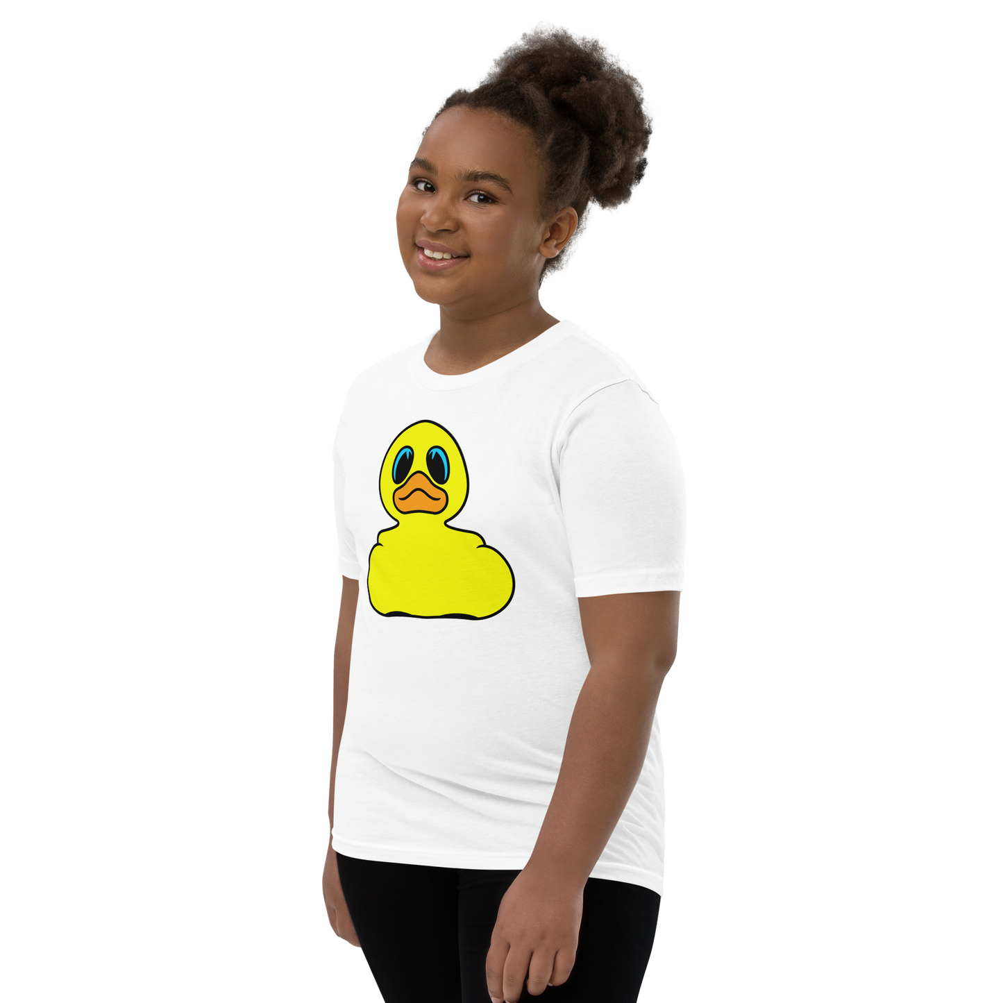 Girl wearing a white t shirt with Classic BMORE DUCKS! yellow rubber duck logo