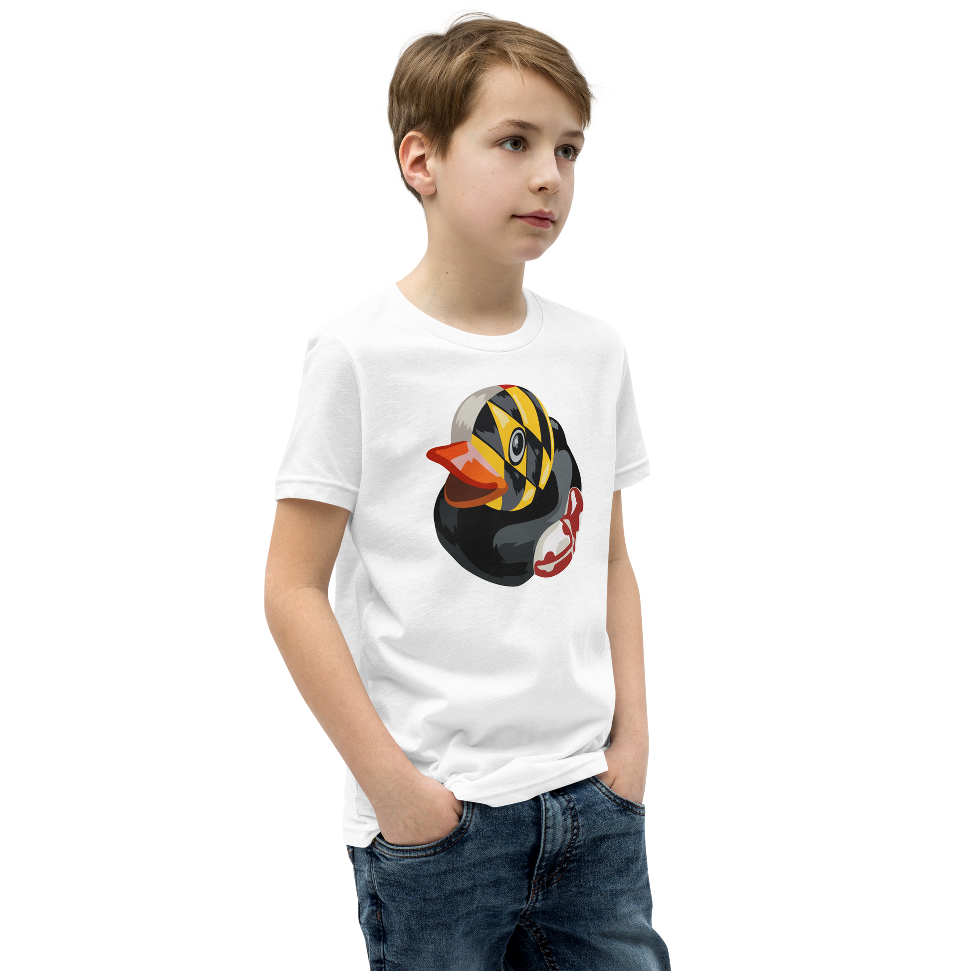 Youth wearing a white Maryland BMORE DUCKS! large logo t shirt