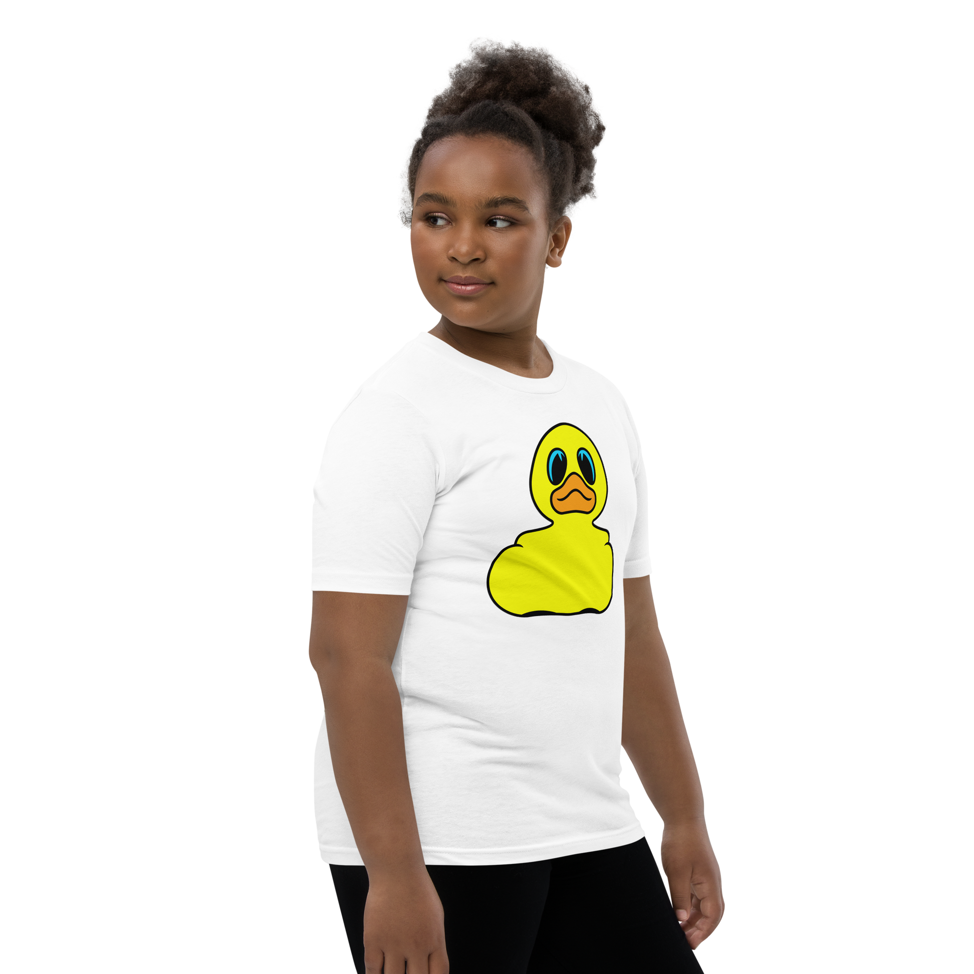 Girl wearing a white t shirt with Classic BMORE DUCKS! yellow rubber duck logo